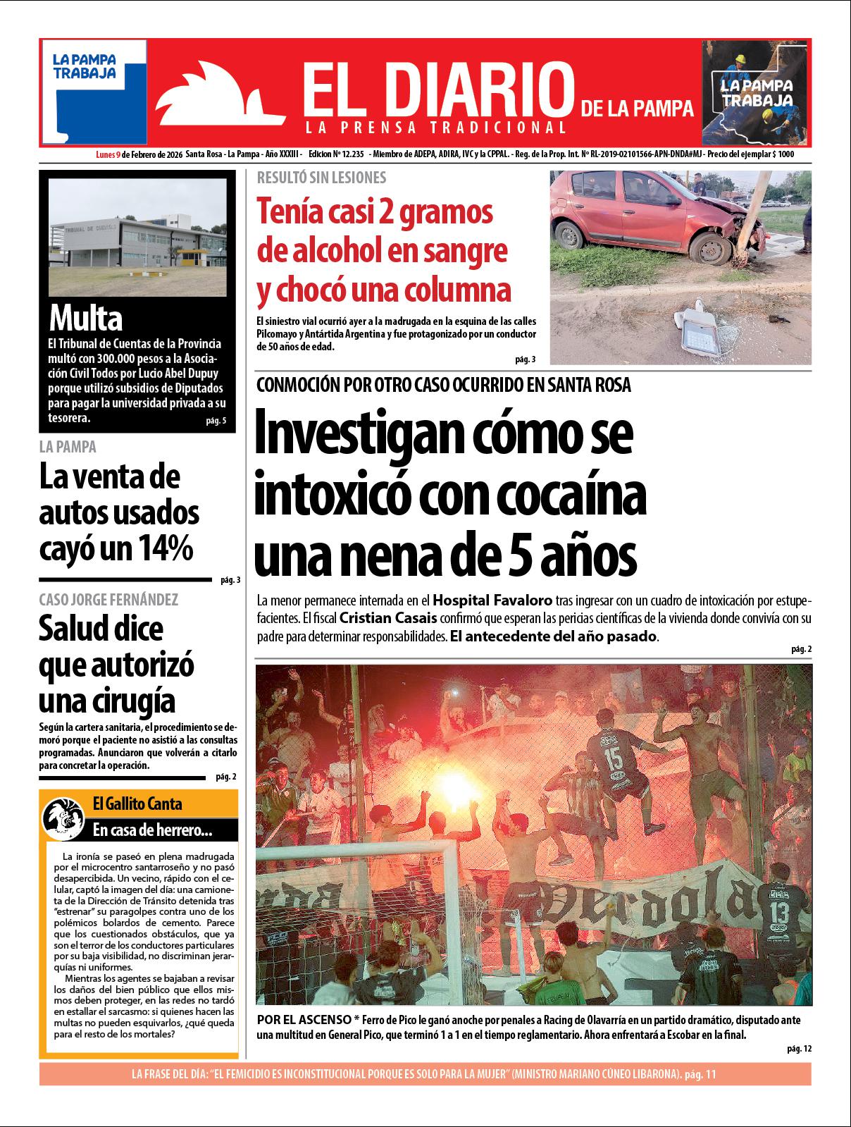 Tapa de El Diario en papel  lunes 09 de febrero de 2026